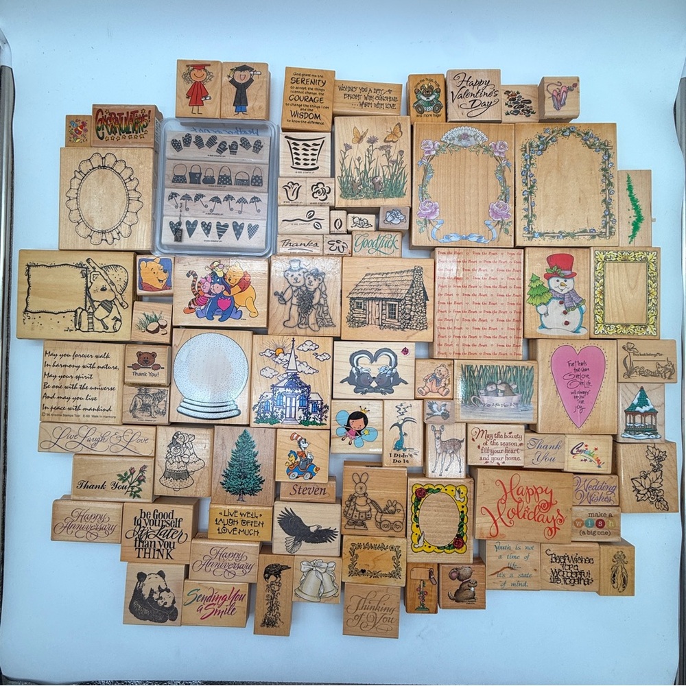 80+ VTG Wooden Rubber Stamp Lot 1990s Craft Greeting Holiday Disney Frames Mix